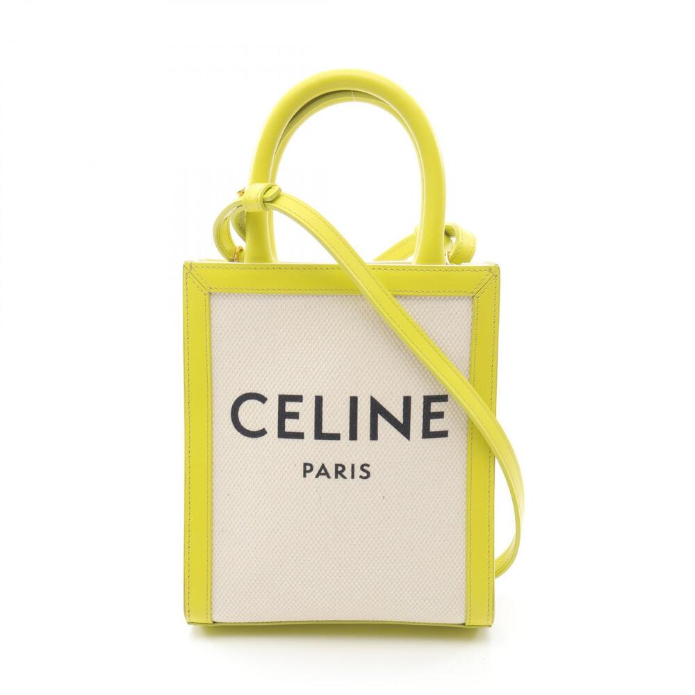 Celine Vertical Cabas Handbag Canvas Leather Ivory White Green